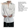 Men Shirt White Long Sleeve Lapel Lace-up Collar Pullover Tops Vertical Stripe Texture Decoration Casual Shirt Workwear