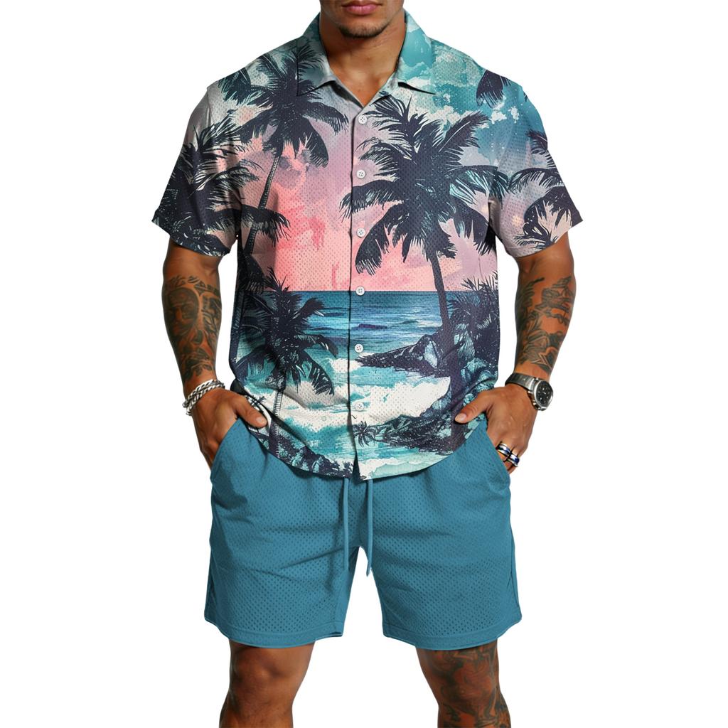 Herren Casual Leichtes Atmungsaktives Kurzarmhemd und Shorts Set