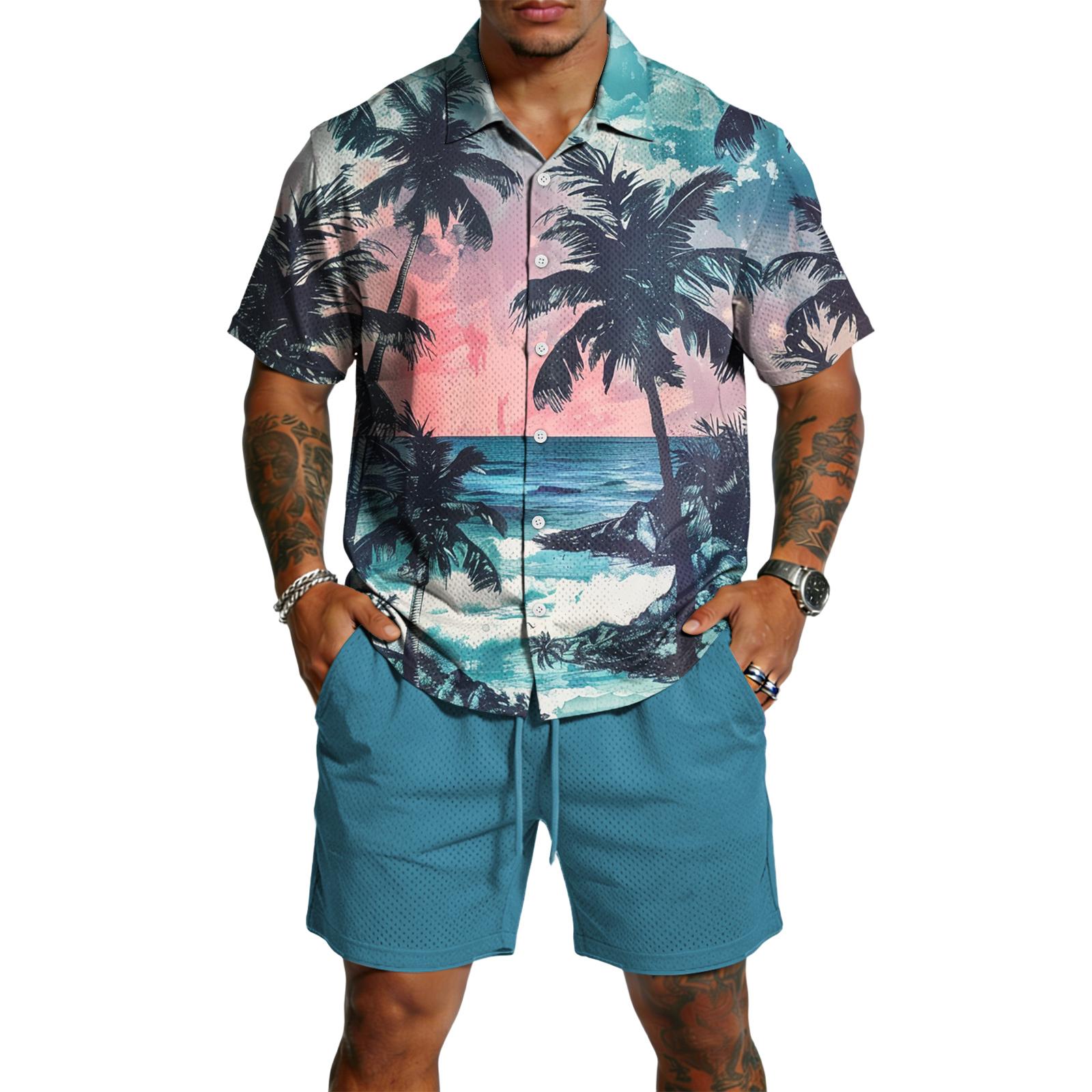 Мужской повседневный легкий дышащий комплект из рубашки с коротким рукавом и шорт L темно-зеленого