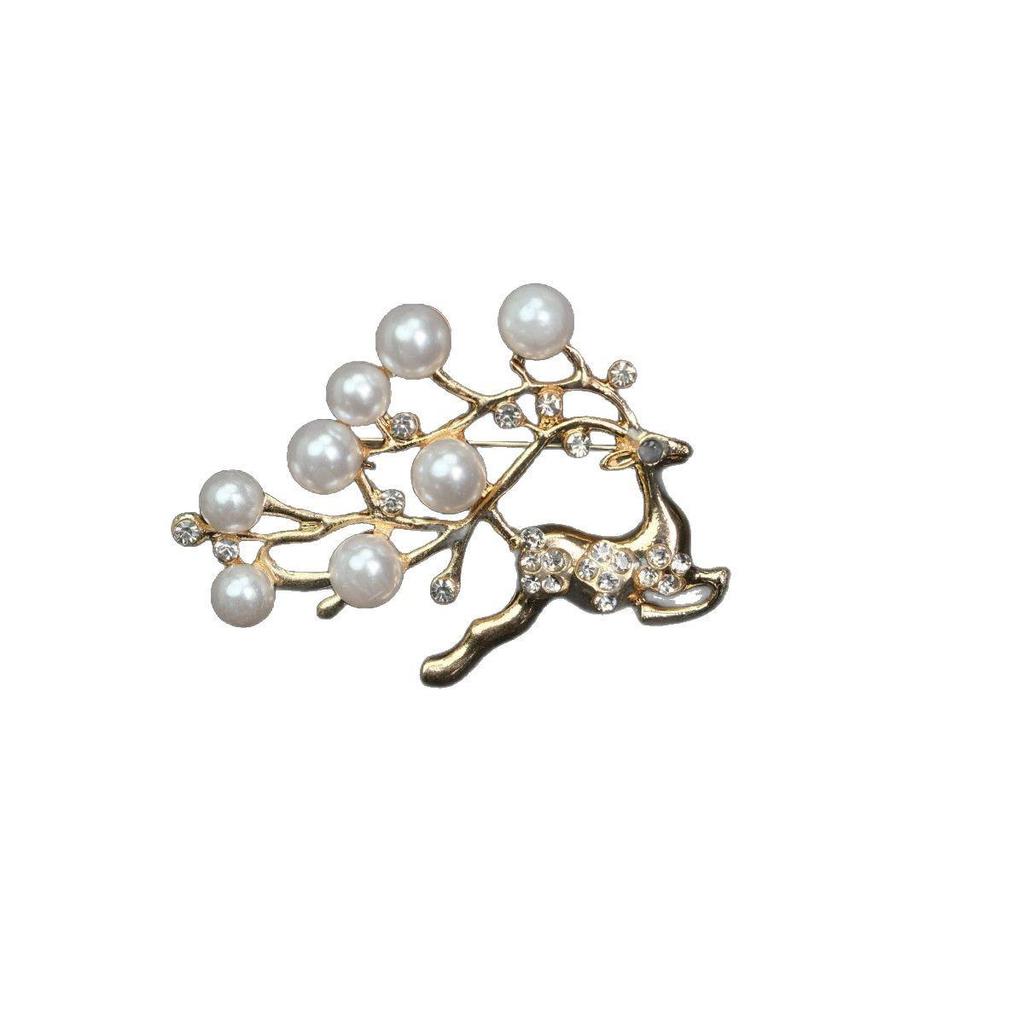 Deer Brooch Rhinestone Scarf Pin - Elegant Crystal Corsage with Pearl Accent