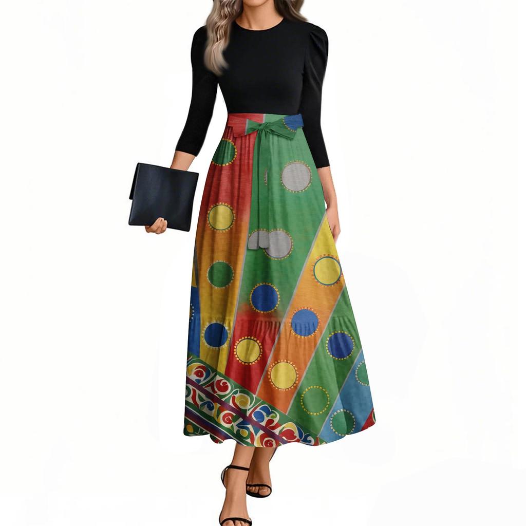 Rochii de damă la modă, casual, cu mâneci trei sferturi, cu guler rotund, cu imprimeu floral, elegante, cu temperament