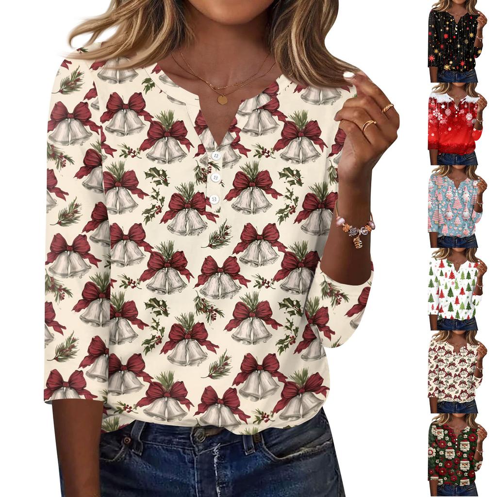 Women's Casual Christmas Print V-Neck Button Three-Quarter Sleeve T-Shirt