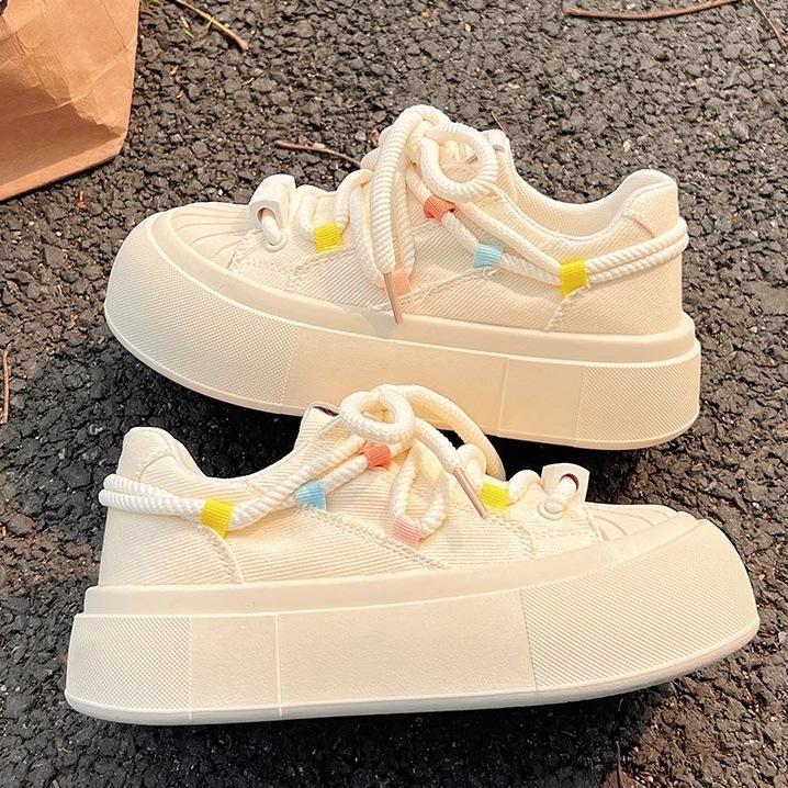 Mode Mode Lässige Plateau-Sneaker Damen Sommer Neue Designer Atmungsaktive Canvas-Schuhe Studenten Beige Schnürung Board-Schuhe Frau