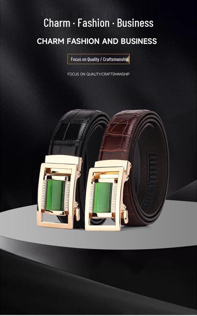 Men's Crocodile Pattern Jade Imitation Leather Belt with Rhinestone Buckle