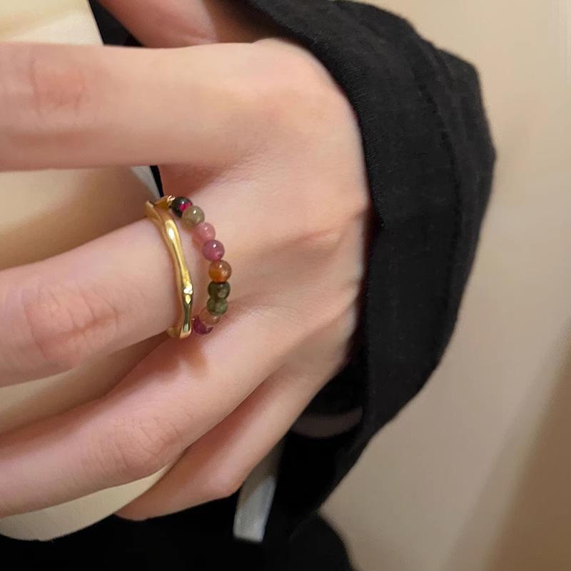Vintage Tourmaline Pearl Ring for Women, Non-Fading, Unique Design, Index Finger Ring with Colorful Beads and Broken Silver.