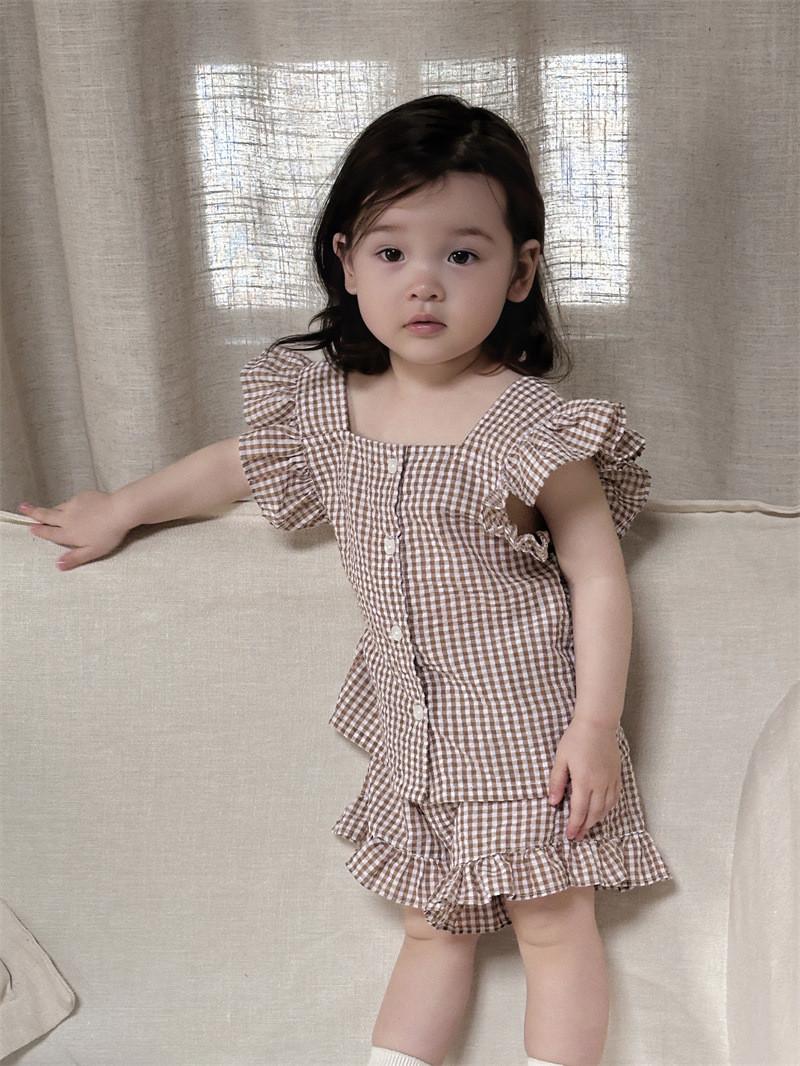 Lovely Summer Baby Clothes Lightweight Two Piece Short Sleeve Set With Cartoon Elements Coffee Check,110cm