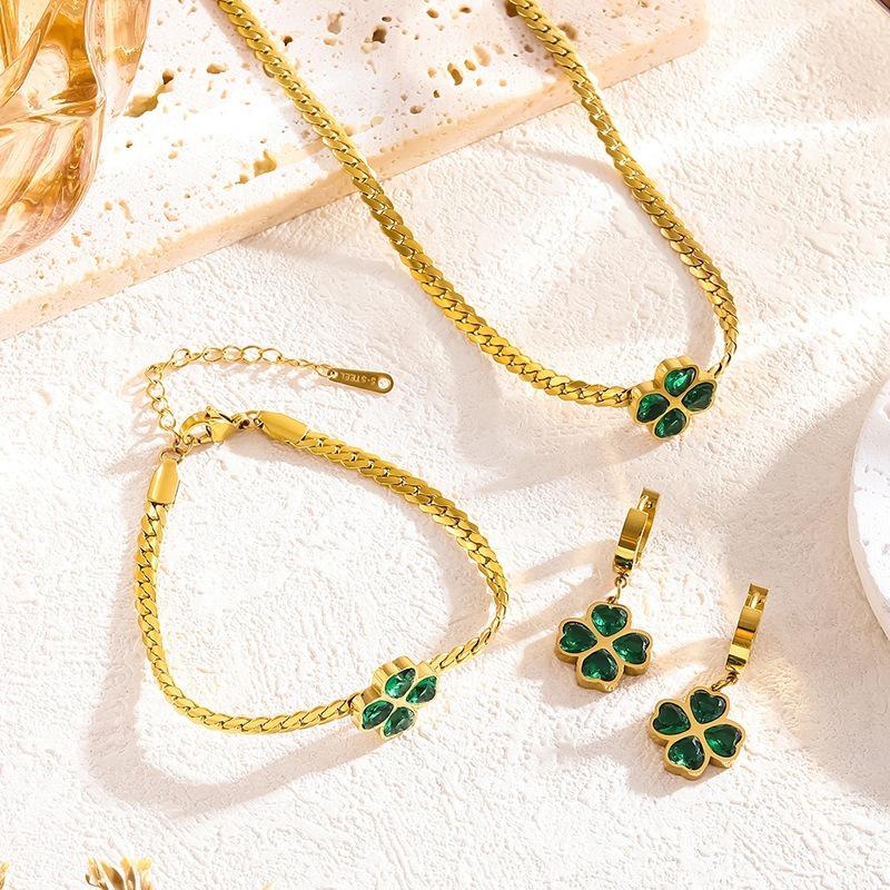 Emerald Four-Leaf Clover Zircon Bracelet & Clavicle Necklace with Titanium Steel Earrings for Women - Fade-Resistant