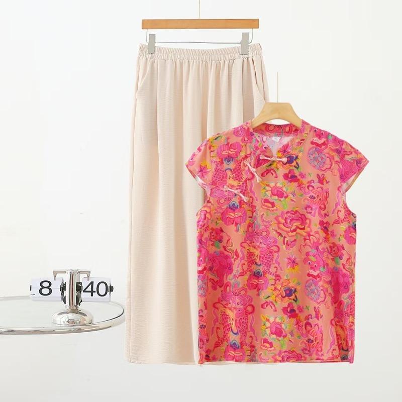 

Женский летний хлопково-шелковый комплект в национальном стиле с коротким рукавом и длинными брюками, комплект-пластина, свободный, новый китайский западный стиль, большой размер, искусственный хлопок, комплект из двух предметов 5XL