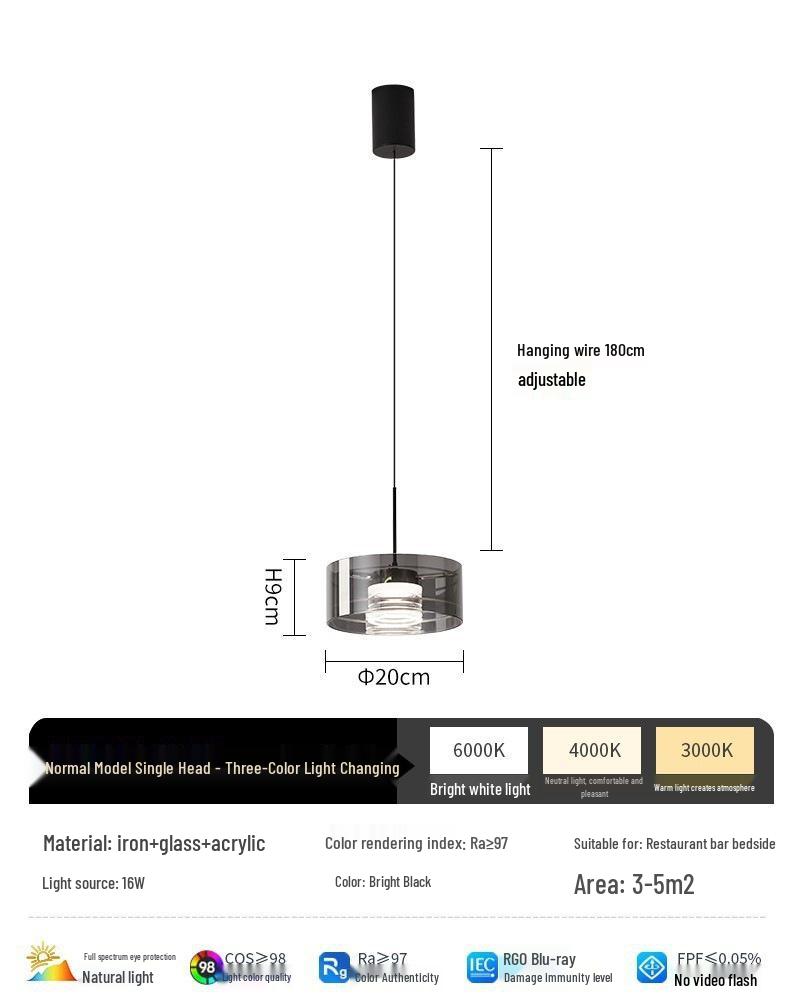 

Современный минималистичный стеклянный подвесной светильник 2025 года с регулируемой высотой для обеденного стола или бара Full Spectrum Eye Protection-Three Color Change