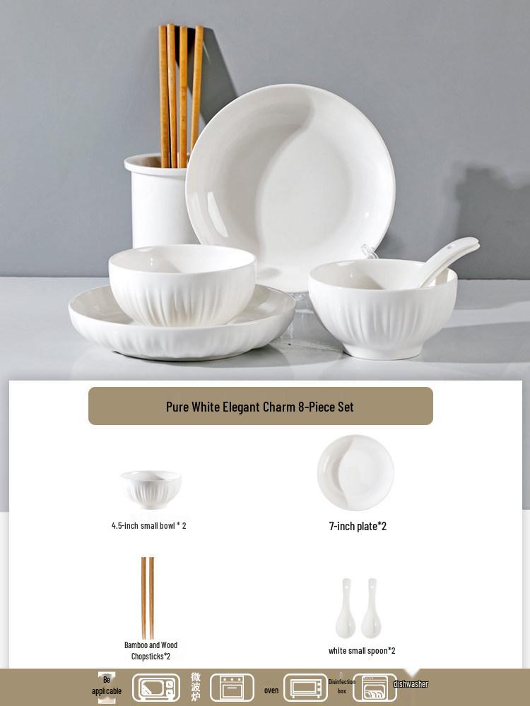 Pure White Ceramic Tableware Set: Dinner Bowls, Rice Bowls, Plates, Dishes, and Double-Ear Soup Bowls for Home Use.