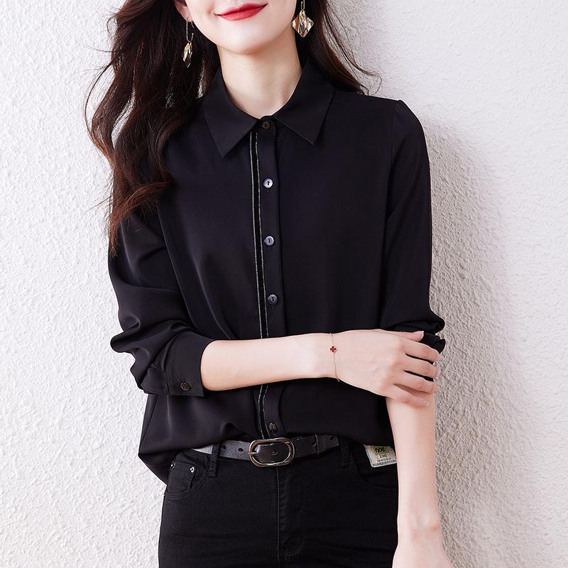 Spring Autumn Black Silk Shirt Women's Long Sleeve Spring Autumn Fashion Satin Silk Top Blouses Shirts