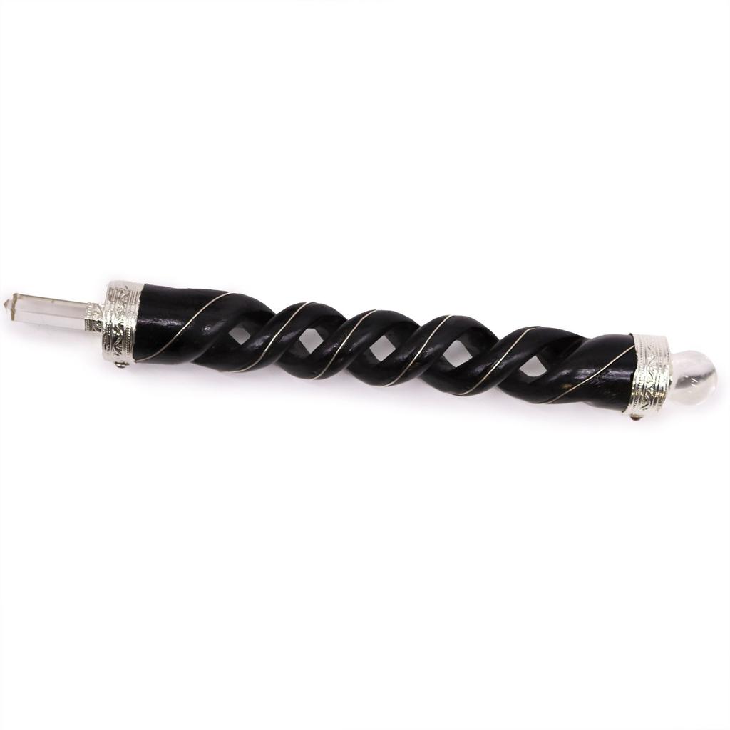 Healing Wand Wooden Spiral Carved Quartz Tip Sphere