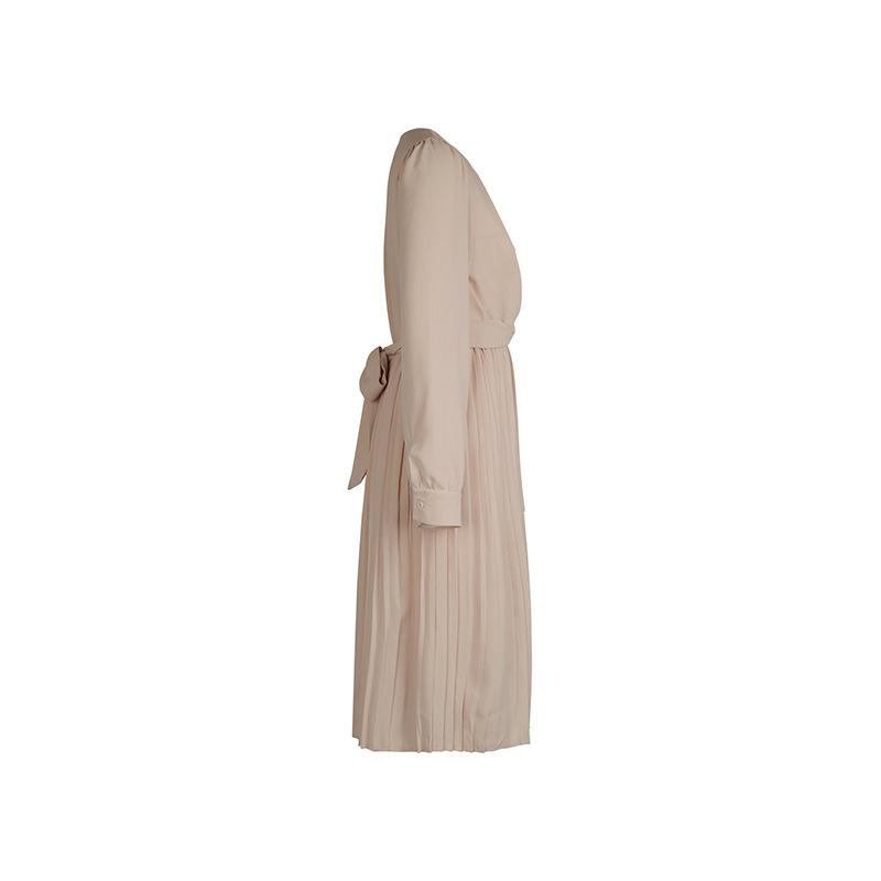 Spring Autumn Women Full Sleeve Solid Color Belt High Waist Pleated Dress A Line O-Neck Long Dresses S-XL