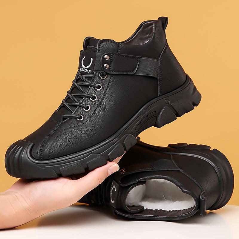 Men's shoes round head autumn and winter casual leather shoes men's velvet warm low-top cotton shoes non-slip thick-soled snow boots