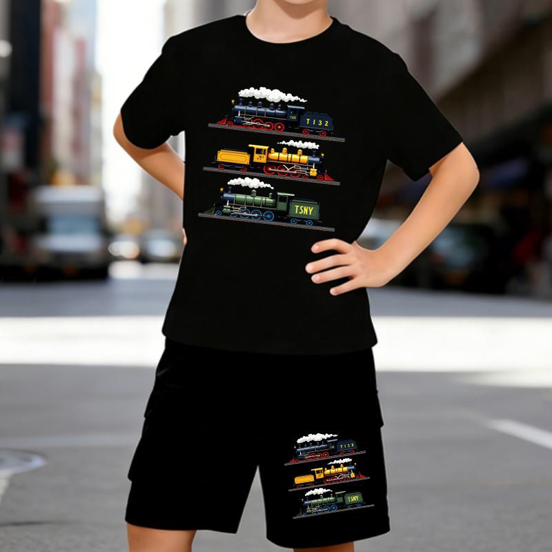 

Boys 2 Piece Cartoon steam train printed outfit, Short Sleeve T-Shirt and Shorts Set for Kids Age 5-14, White,Black Sporty Casual Summer Clothes 5-6 Years чёрный