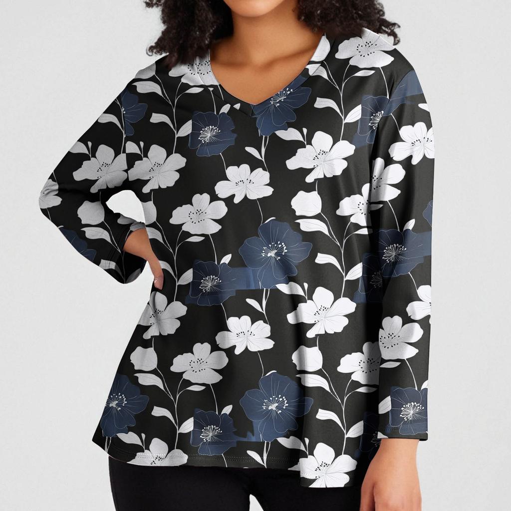 Women's Fashionable Casual Long Sleeved Plus Size Floral Print Top Plus Size Floral Print Top
