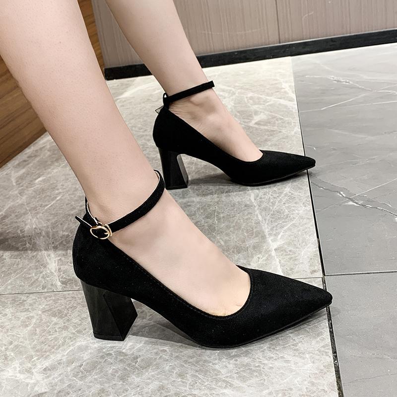 

Baotou Sandals Block Heel High Heels Plus Size Women s Shoes Spring and Summer One Buckle Pointed Toe 40 чорний