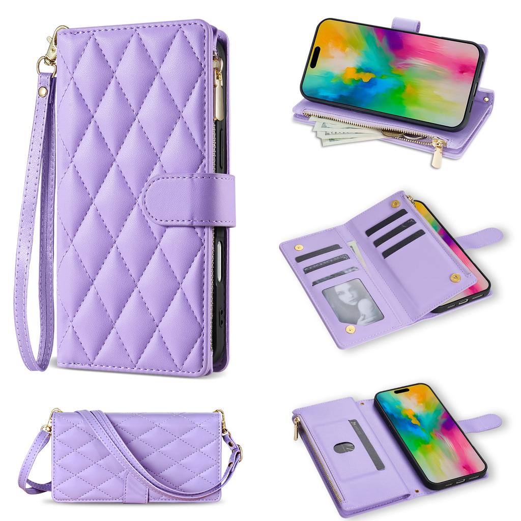 For iPhone 17 Air Case Rhombus Stitching Leather Wallet Phone Cover with Long/Short Strap