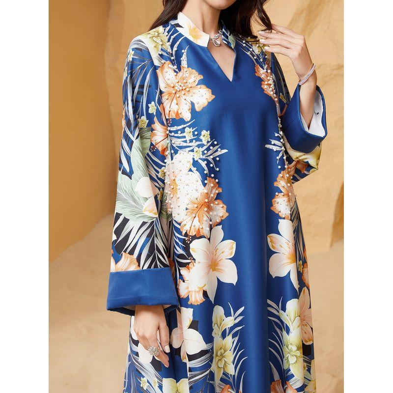2025 Women clothes Indonesia Beads Hot Drilling Positioning Print Plus size Robe Dubai Arab Dress Dress