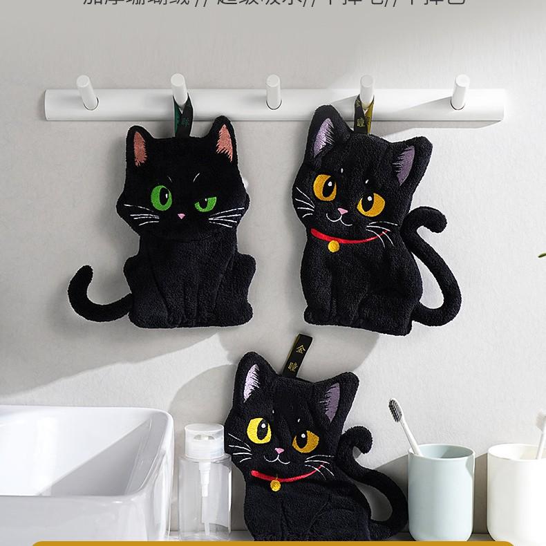 Black Cartoon Cat Hand Towel - Soft and Absorbent for Bathroom and Kitchen