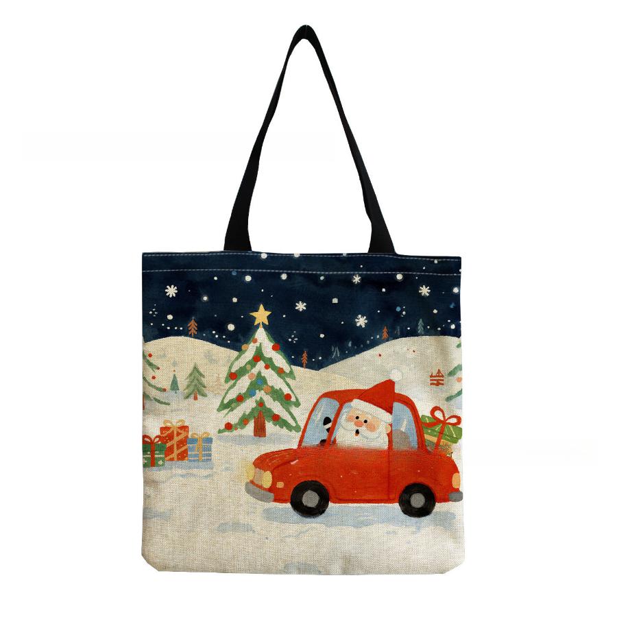 Women Vintage Linen Tote Bag - Large Capacity Christmas Print Shoulder Handbag for Casual & Grocery Shopping KTB