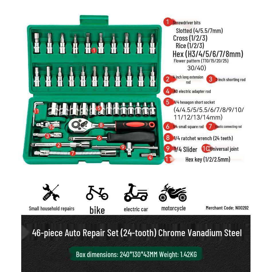 Conjunto de Ferramentas Automotivas Multiuso com Soquete, Broca Rotativa, Chave Hexagonal e Chave Inglesa
