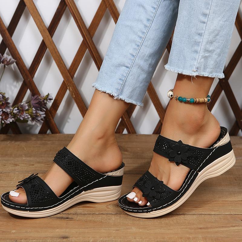 Foreign trade large size summer new women's shoes slope heel cool slippers hollow flower women's shoes high heel sandals