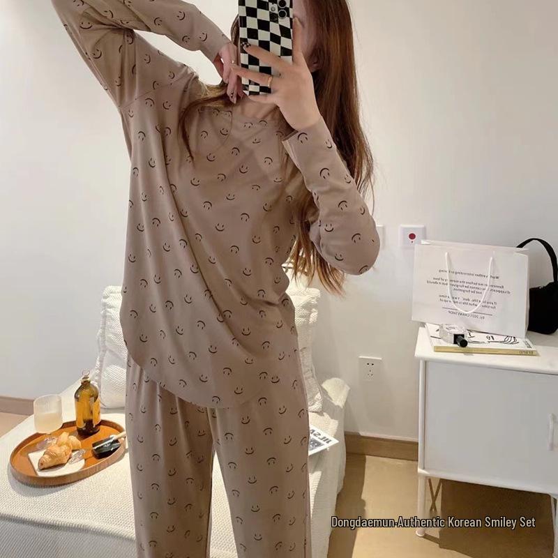 Women's Korean Smiley Face Cartoon Pajamas Set – Long-Sleeved Pullover & Trousers for Autumn/Winter