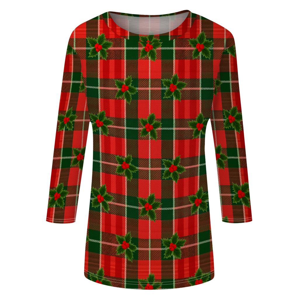 Women's Casual Christmas Print Neck Three-Quarter Sleeve T-Shirt Top