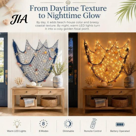 Ocean Inspired Backdrop Fishing Net Wall Decoration, Lighted Coastal Art, Light-Up Decorative Theme Room Decorations Netting Hanging for Beach