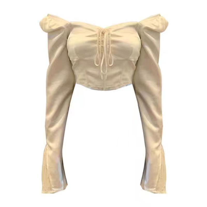 Square Neck Long-sleeved T-shirt Women Blouse Hotsweet Sexy Hottie Slim Lace Flare Sleeve Retro Court Style Office Lady Summer