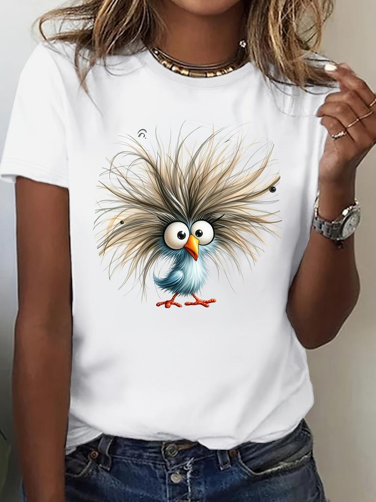 Women's Funny Bird Graphic T-Shirt Cute Fluffy Bird with Expressive Eyes Soft Everyday Casual Tee Lightweight Warm Weather Shirt