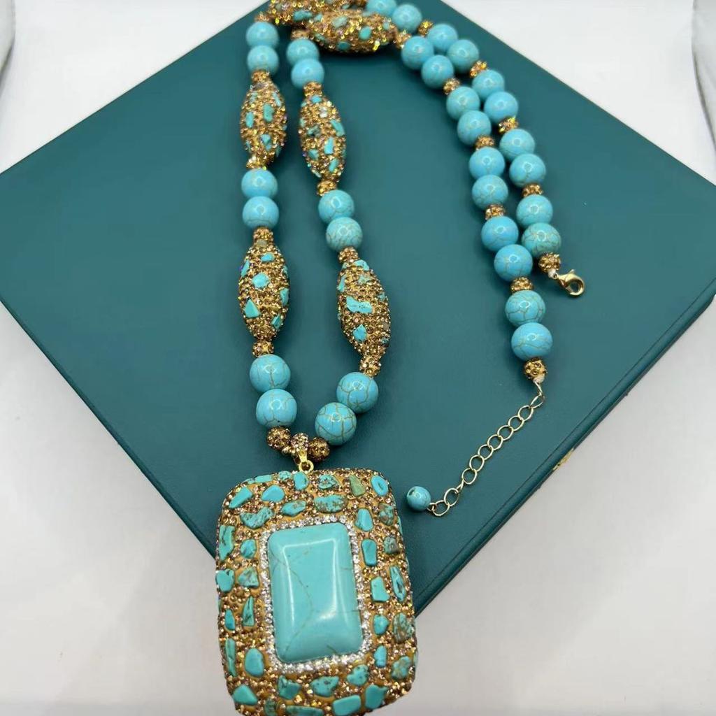 2026 Collana con Turchese Intarsiato Catena per Maglione Anello Aperto Orecchini a Gancio Bracciale Set da Quattro Pezzi