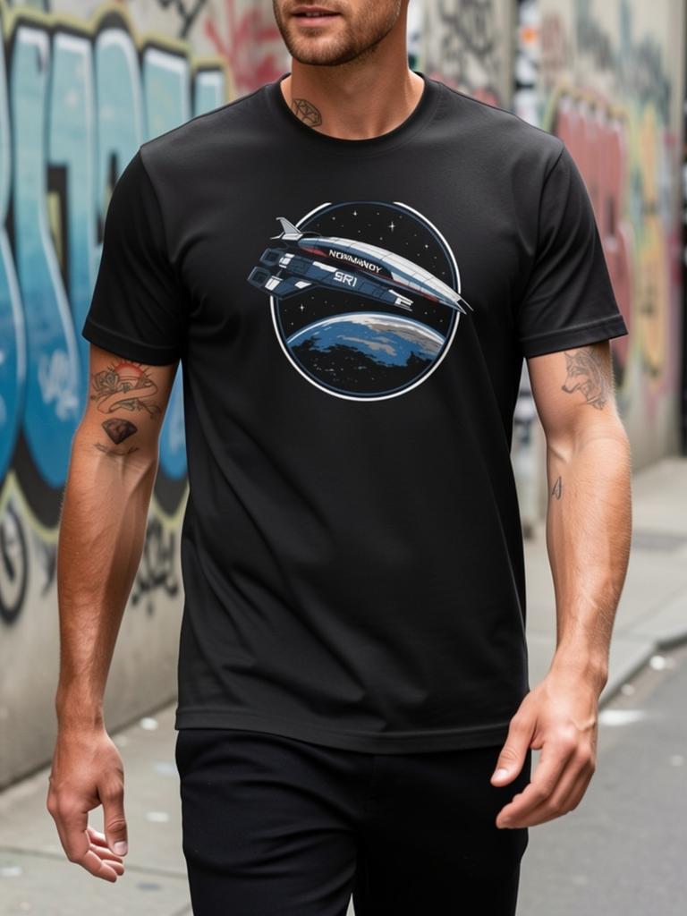 Men'S Normandy Sr1 Spaceship Graphic T-Shirt Black Crew Neck Tee with Geometric Pattern Durable