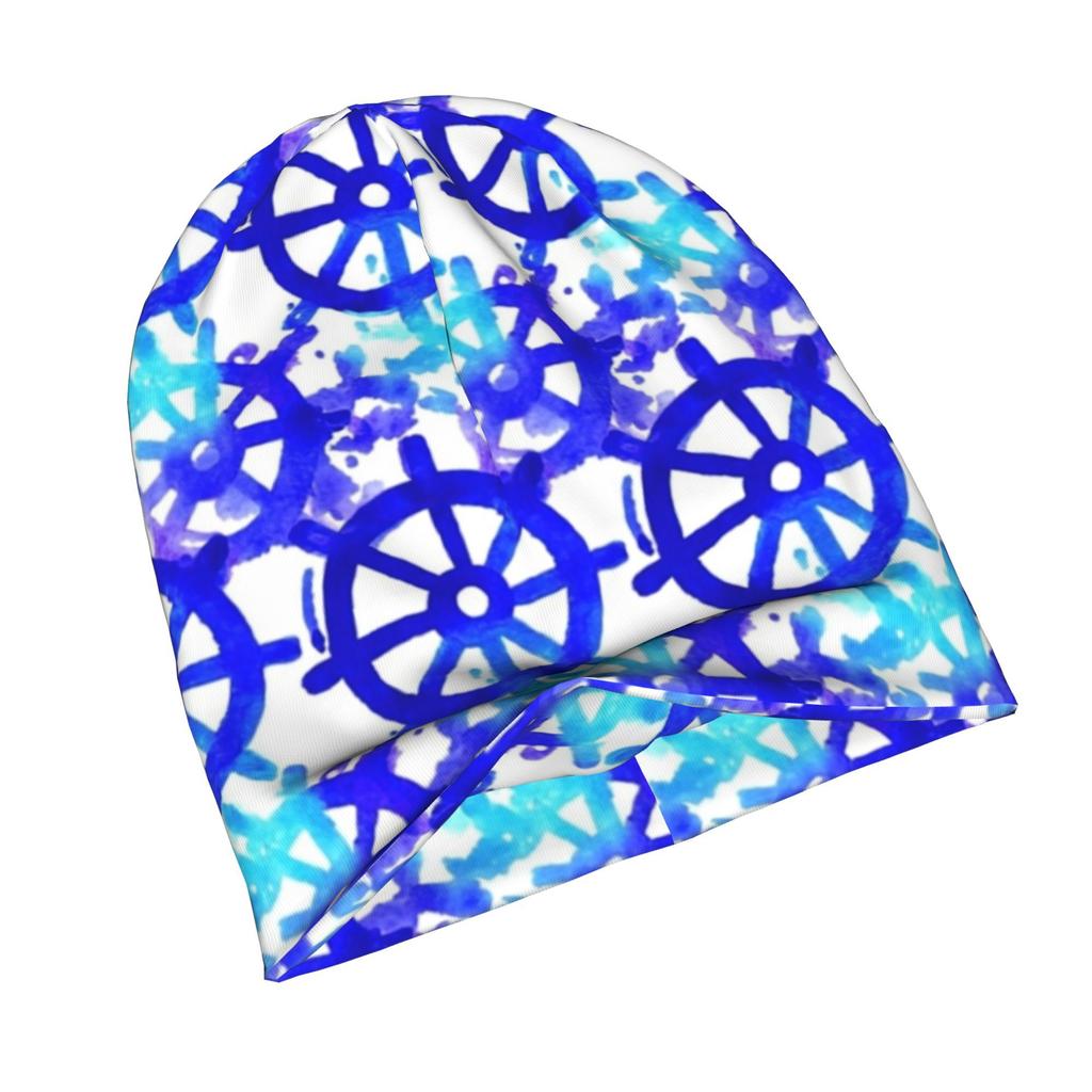 Glowing Blue Ship Wheel Watercolor Pattern Knit Hat with Subtle Fashion Details, Ideal for Adults Seeking Texture And Character In Cold-Season Daily W