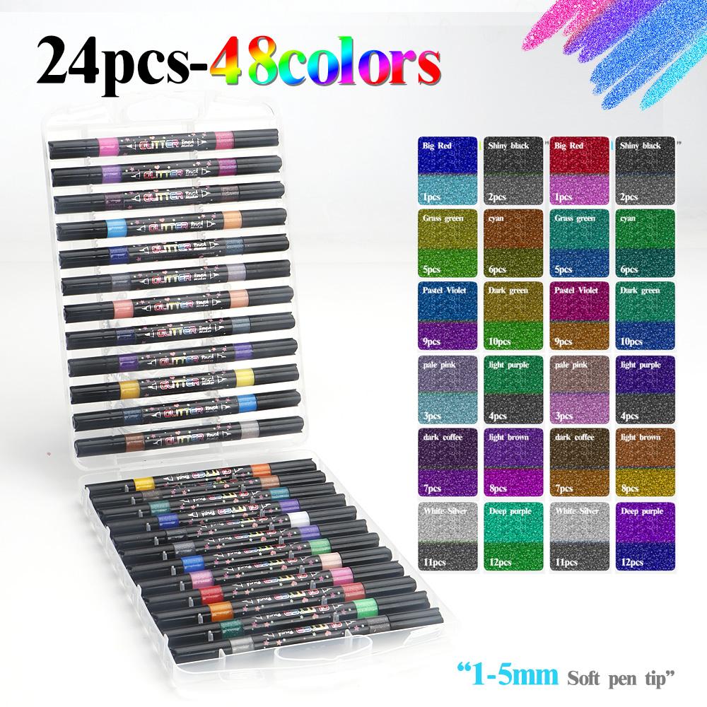 Dual Tip Dual Colors Glitter Marker 48 Colors Brush Soft Tip Art Marker Pen Waterproof for DIY Card Making