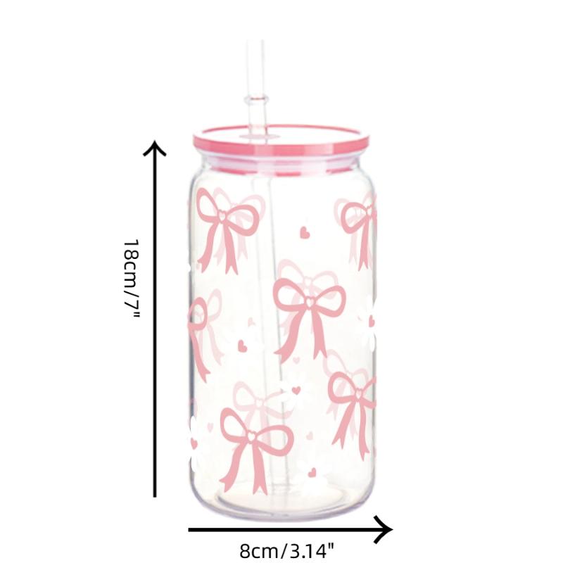 Bow Glass Cute Water Cup Cartoon Bow Glass Cup Striped Cute Doodle Coffee Mug Household Fruit Tea Lemonade Girls Gift