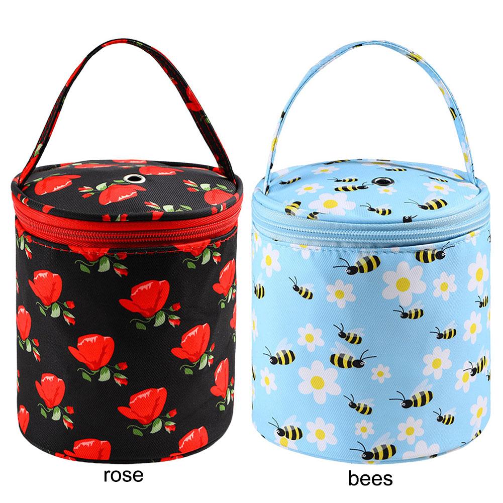Oxford Yarn Holder Rose Pattern Yarn Storage Tote Bag with Handle Bucket Bag Short Perforated for Hooks Knitting Needles