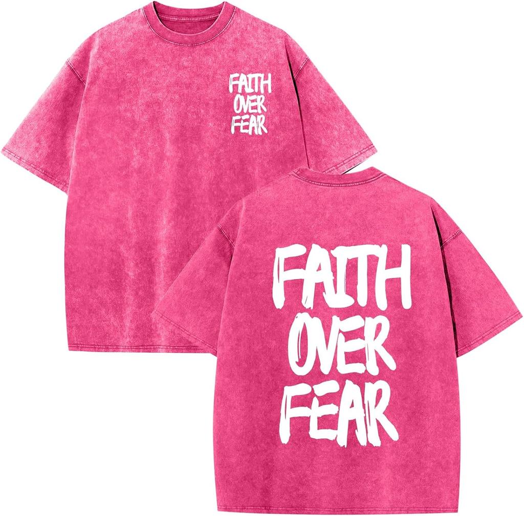 Shirts for Men Faith Over Fear Shirt Oversized Graphic Tees Acid Wash God T-Shirt