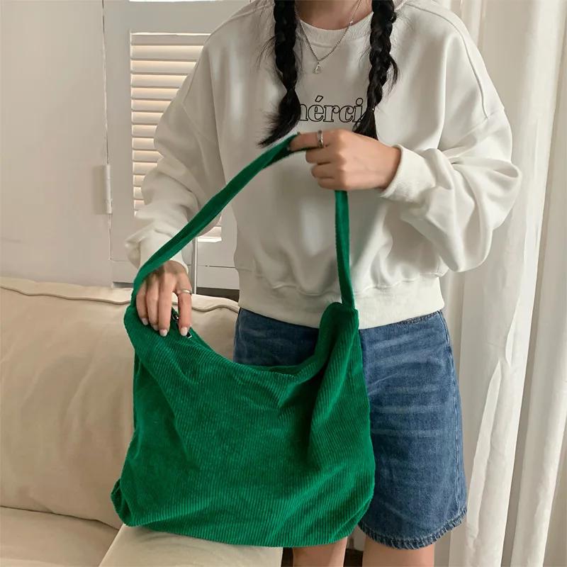 Large Capacity Women's Shoulder Bag Retro Corduroy Female Commute Shopping Bags Solid Color Ladies Simple Tote Purse Handbags