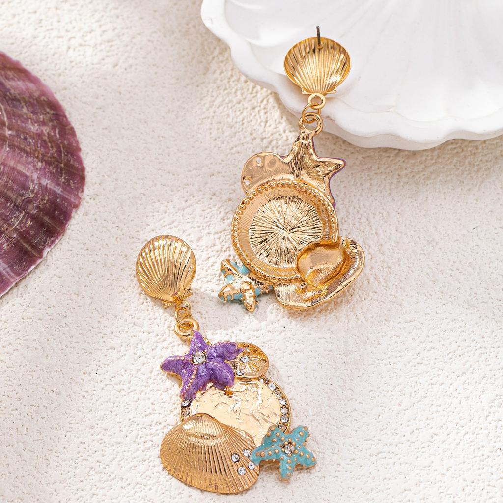 Summer New Fashionable Colorful Oil-dropping Starfish Shell Earrings Are Suitable for Women's Daily Beach Vacation Wear