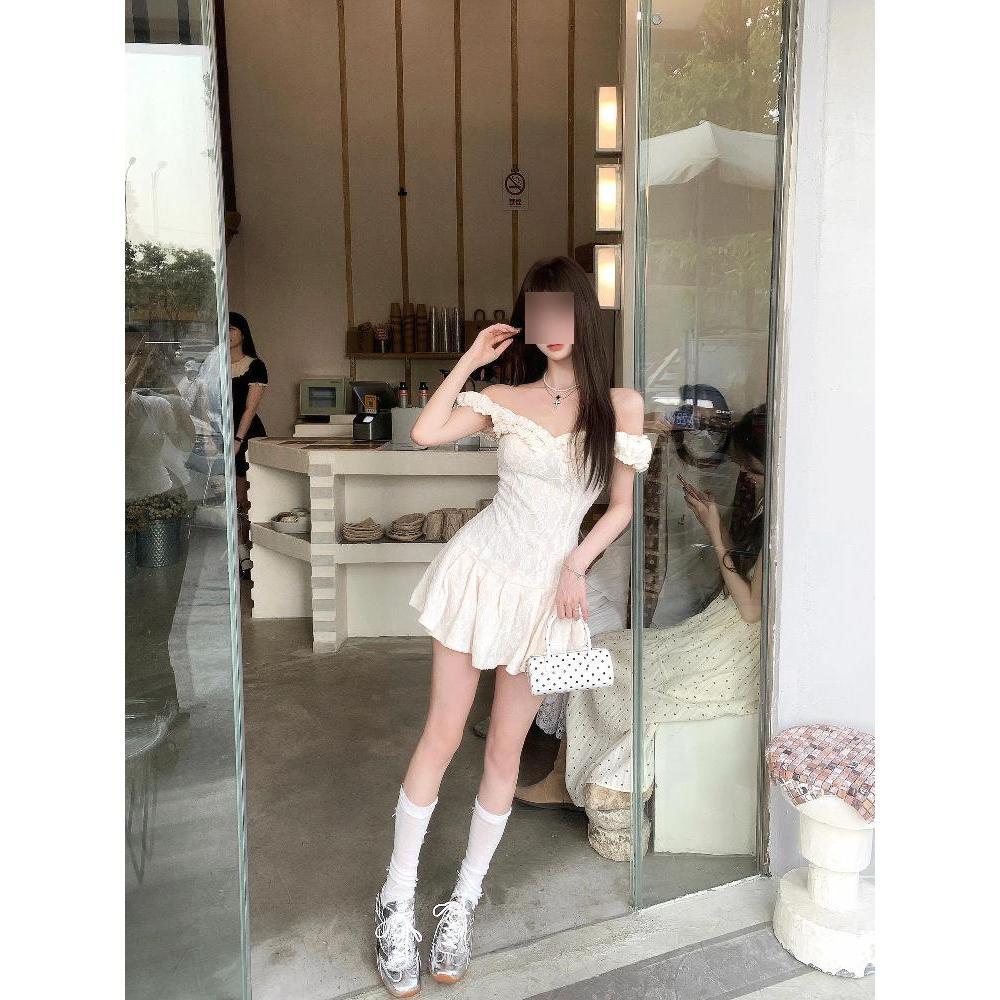 waist slim and thin sweet jacquard lace fungus edge short skirt women's small one-word shoulder dress summer