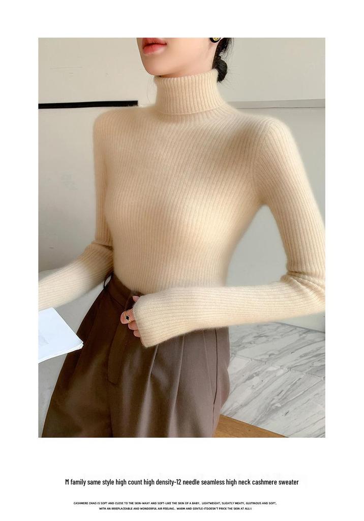 Women's Seamless Cashmere High-Neck Ribbed Sweater, Slim Fit, Body-Shaping, Slouchy Neck, Knit.