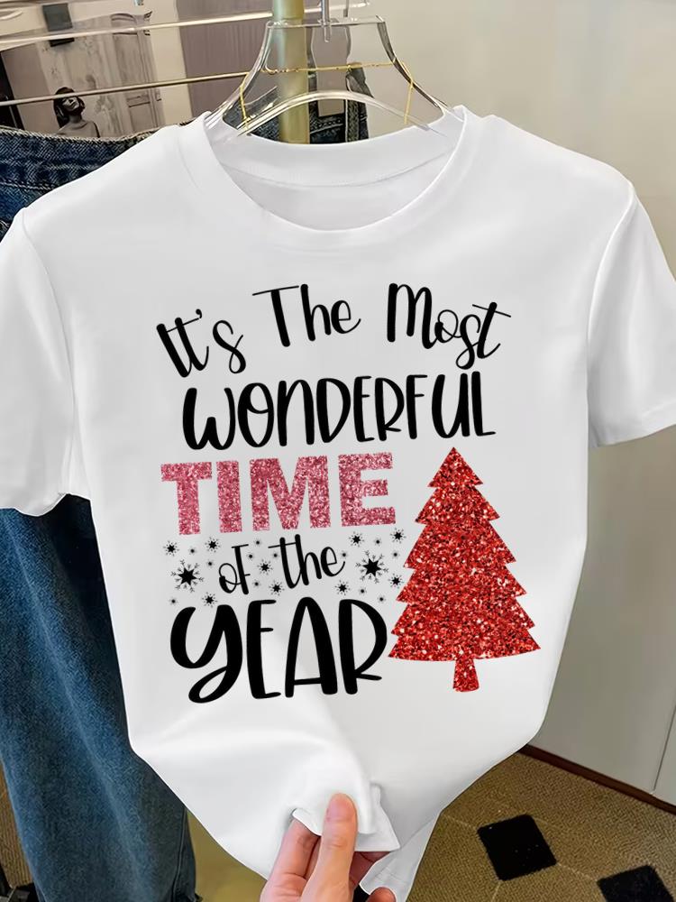 (Asian Size) Sweet Cute Merry Christmas Short Sleeve T-shirts Women's Top O-neck T Shirt Print Fashion Casual New Year Clothing Graphic Tee