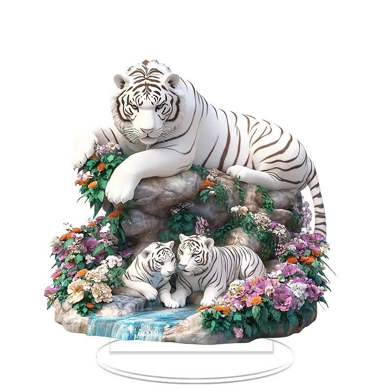 Bohemian White Tiger Acrylic Desk Decoration with Floral Accents