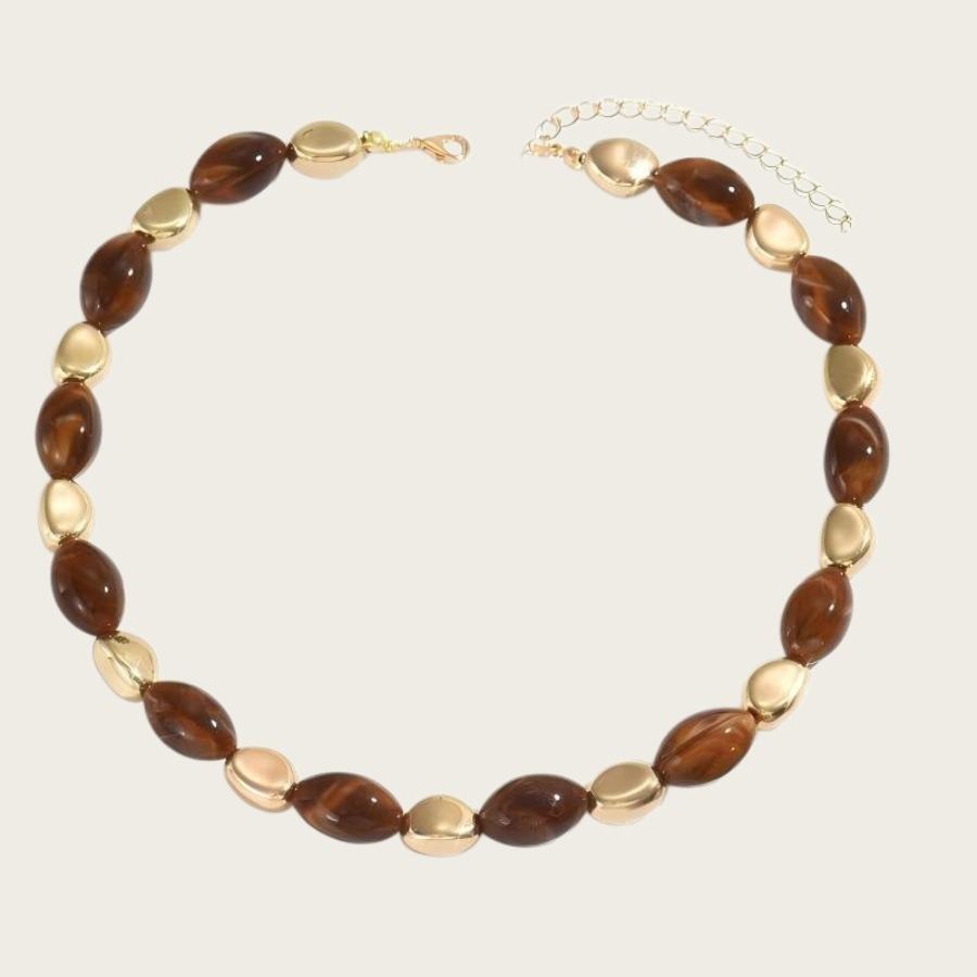 1pc Women'S Oval Resin Geometric Choker Necklace | Vintage Beaded Sweater Chain In Umber Color, Ideal for Daily Wear and Valentine'S Day Gift