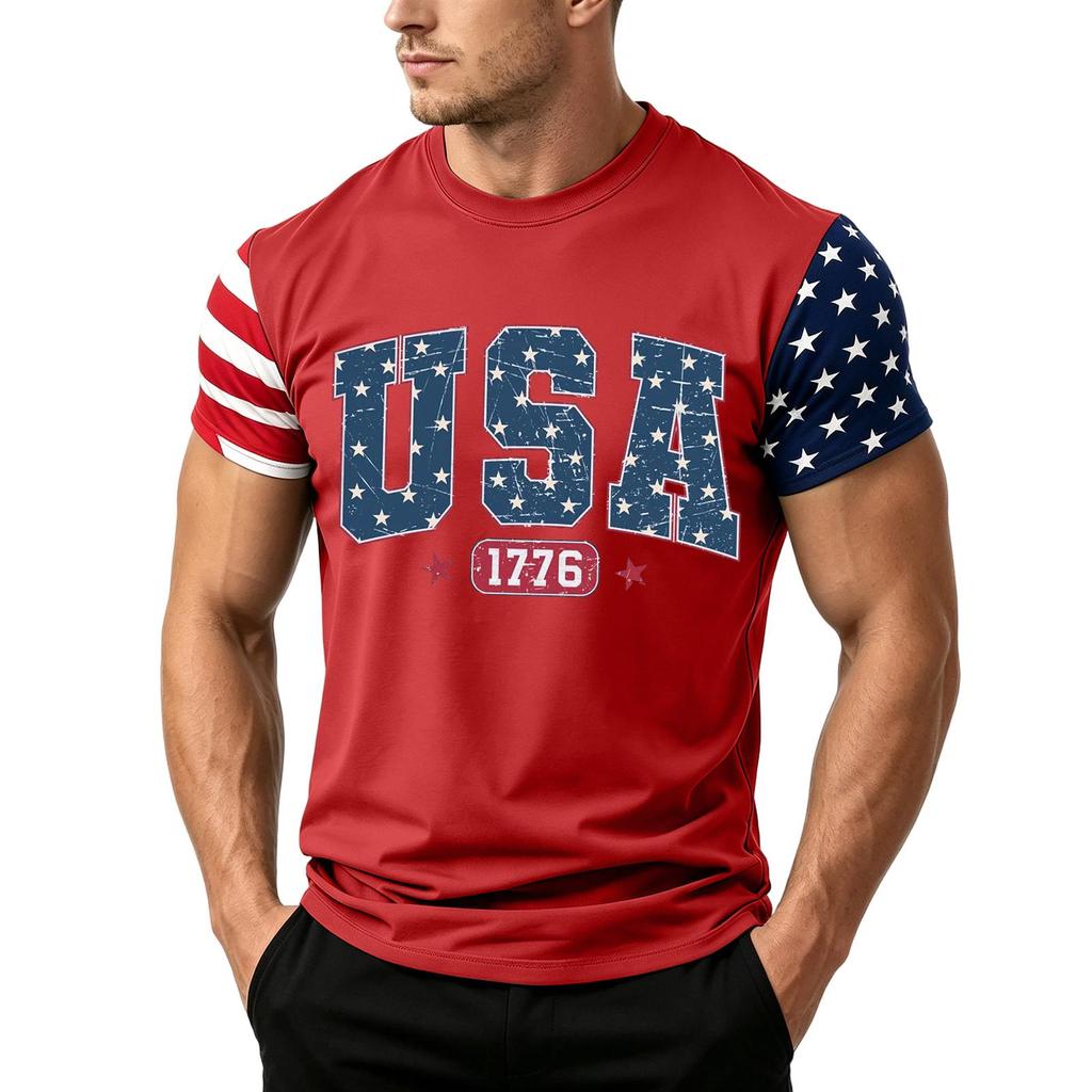 Men's Independence Day Flag Print Short Sleeve T-Shirt, Loose Casual Daily Summer Tops