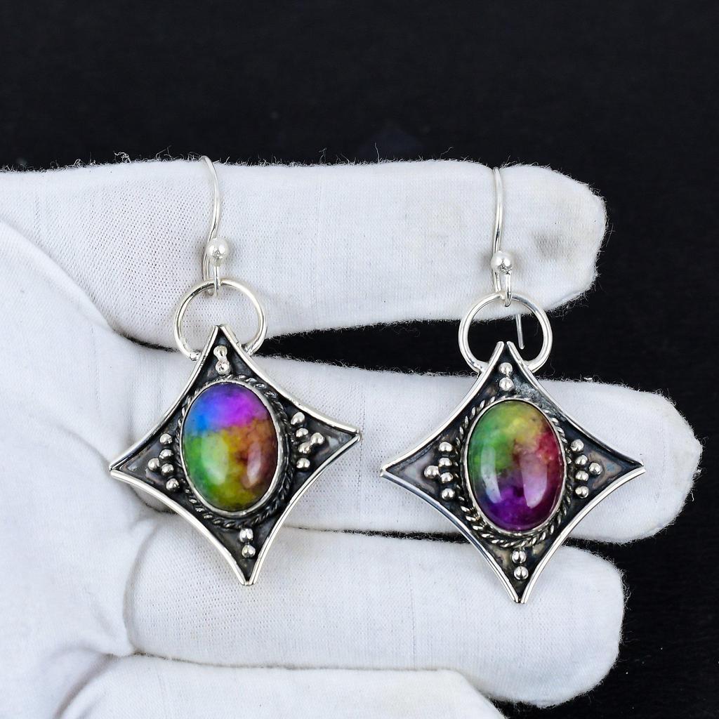 Natural Rainbow Solar Quartz Antique Earrings 925 Sterling Silver Earring, Boho Silver Jewelry Dangle Earrings, Valentine Day Gift