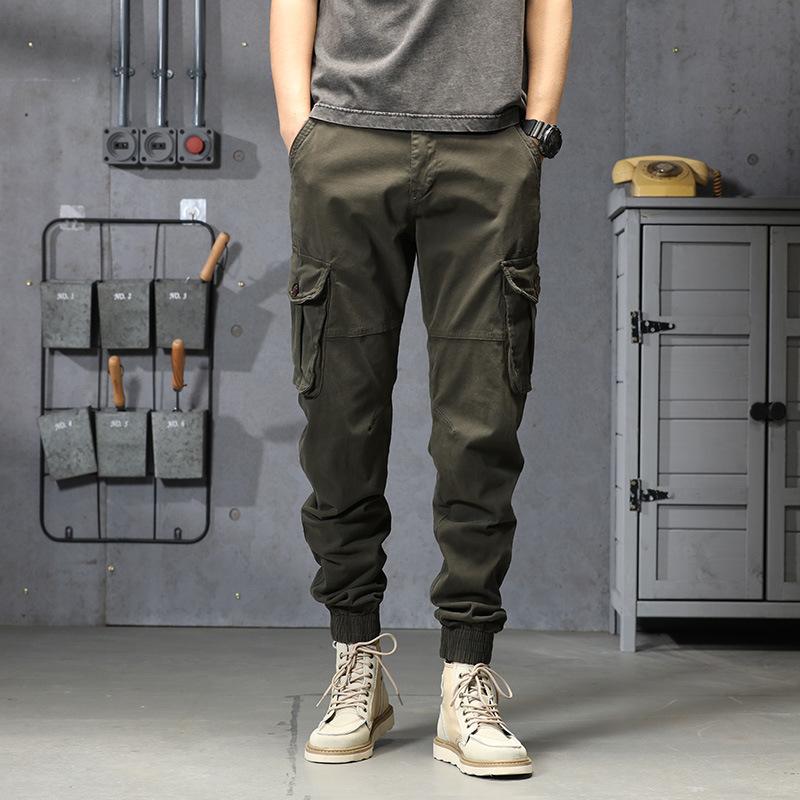 Men's new outdoor American fashion retro tied feet multi-pocket overalls versatile elastic