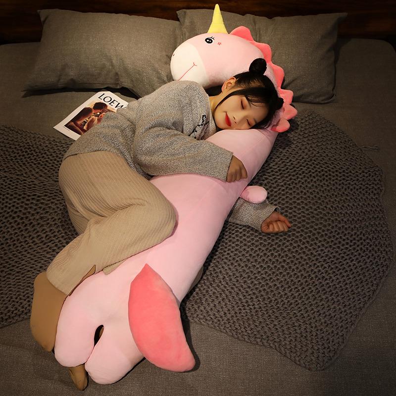 Cartoon Animal Dinosaur Shiba Inu Throw Pillow Plush Toy Unicorn Curved Long Pillow Girl Sleeping Soothing Doll